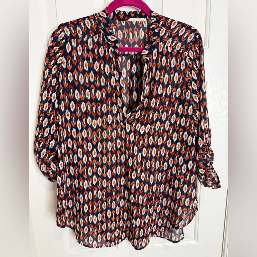 Lush Navy, Orange & White Printed V-Neck Blouse